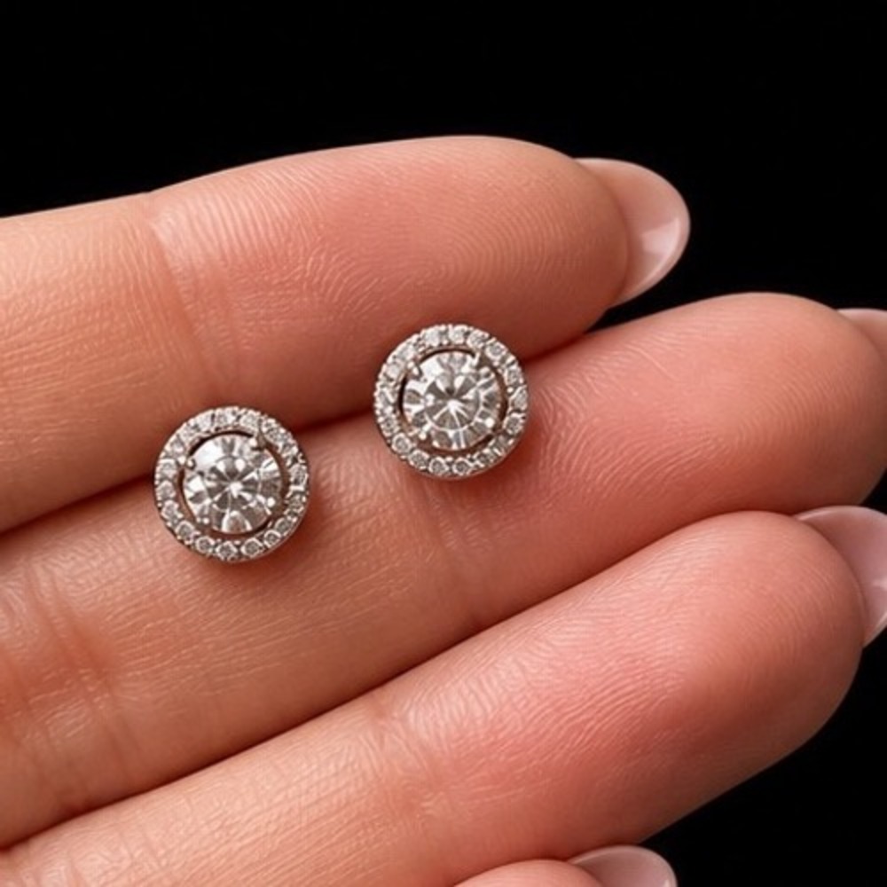 Moissanite 1.0ct Halo Pave' Stud Earrings 925 Sterling Silver D Color Certified - Picture 2 of 8